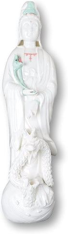 Festcool Dripping Guanyin Buddha Statue, Fine Porcelain Ceramic Quan Yin Buddha with Lotus Standing Over Sea and Three Dragon Statue, Guanyin, Kwan Yin, Kuanyin, Goddess of Mercy (White 16")