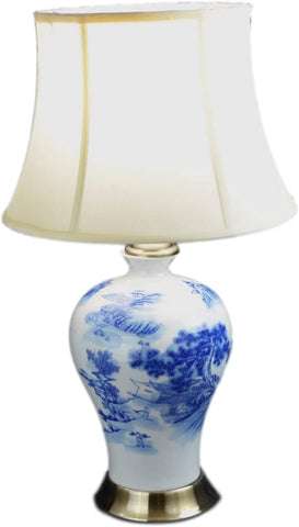 Blue and White Porcelain Temple Landscape Ginger Jar Table Lamp 24"