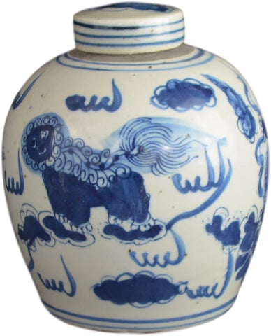 Retro Antique Like Style Blue and White Porcelain Lion Dancing Ceramic Covered Jar Vase, China Ming Style, Jingdezhen (LJ2)