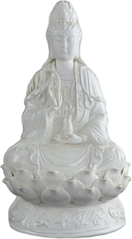 Festcool 14.5" Fine Porcelain Quan Yin Buddha Sitting on a Lotus Statue, Guanyin, Kwan Yin, Kuanyin, Goddess of Mercy, Blessing of The Home, Dehua