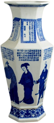 16" Classic Blue and White Porcelain Hexagon Figure Jar Vase, China Blue Qing Style, Jingdezhen