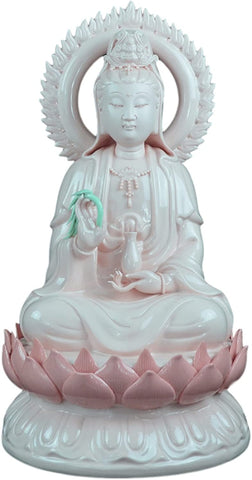 13.5" Fine Porcelain Quan Yin Buddha Glory Sitting on a Lotus Statue, Guanyin, Kwan Yin, Kuanyin, Goddess of Mercy