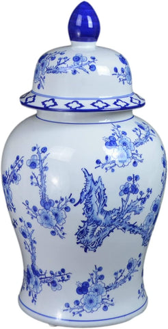 Classic Blue and White Porcelain Floral Jars Temple Vases, China Ming Style, Jingdezhen Cherry Blossom (J20)