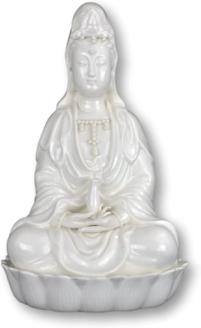 8.5" Fine Porcelain Ceramic Quan Yin Buddha Sitting on a Lotus Statue, Guanyin, Kwan Yin, Kuanyin, Goddess of Mercy, Dehua