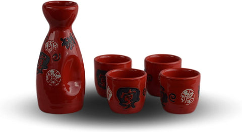 5 PCS Wine Liquor Spirit Sake Alcohol Porcelain Pot Set 1 Pot 4 Cups Chinese Japanese (red)