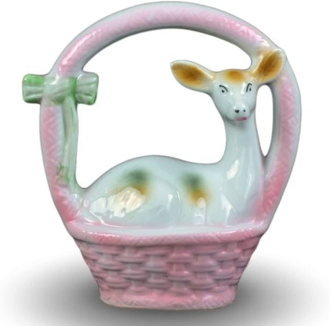 Festcool Vintage Porcelain Deer in Basket, Collectible Figurine, 6.5", 1980s