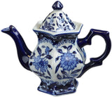 Teapot Blue and White Porcelain 16 Ounce China, Coffee Pot， Hexagonal