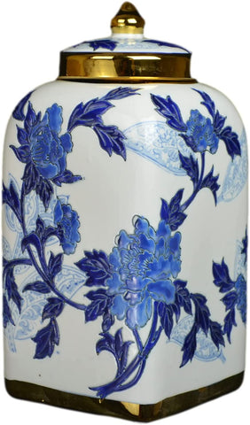 Classic Porcelain Blue Floral Square Jars Vases, Gilt Edge Vase , Jingdezhen (J16)