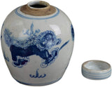 Retro Antique Like Style Blue and White Porcelain Lion Dancing Ceramic Covered Jar Vase, China Ming Style, Jingdezhen (LJ2)