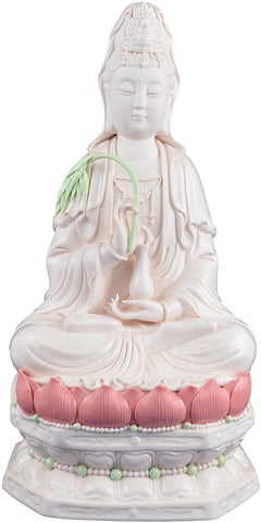 14.5" Fine Porcelain Quan Yin Buddha Sitting on a Lotus Statue, Guanyin, Kwan Yin, Kuanyin, Goddess of Mercy (Pink)
