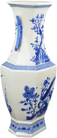 17" Classic Blue and White Porcelain Bird and Flowers Jar Hexagonal Vase with Moon Ears, China Qing Style, Jingdezhen (D17)