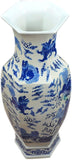 25" Classic Blue and White Hexagonal Porcelain Vase, Lion Dance, Ceramic China Qing Style （D10）