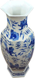 25" Classic Blue and White Hexagonal Porcelain Vase, Lion Dance, Ceramic China Qing Style （D10）