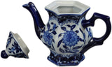 Teapot Blue and White Porcelain 16 Ounce China, Coffee Pot， Hexagonal