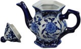 Teapot Blue and White Porcelain 16 Ounce China, Coffee Pot， Hexagonal