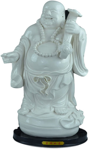 Large 11" Fine White Porcelain Fengshui Happy Laughing Lucky Buddha Standing Dehua