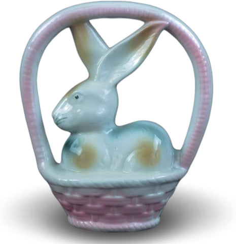 Festcool Vintage Porcelain Bunny in Basket, Collectible Figurine, 6.5", 1980s