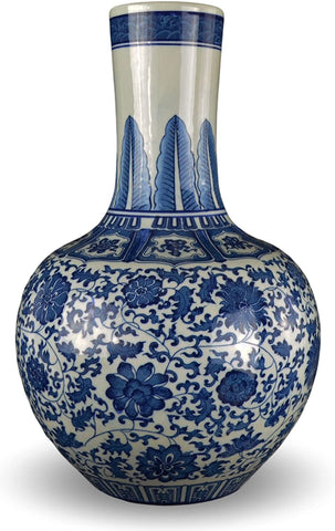 19”Classic Blue and White Floral Porcelain Vase, Globular Shape China Ming Style
