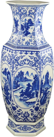 25" Classic Blue and White Hexagonal Porcelain Vase, Landscape Painting Ceramic China Qing Style （D9）