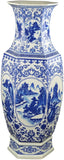 25" Classic Blue and White Hexagonal Porcelain Vase, Landscape Painting Ceramic China Qing Style （D9）