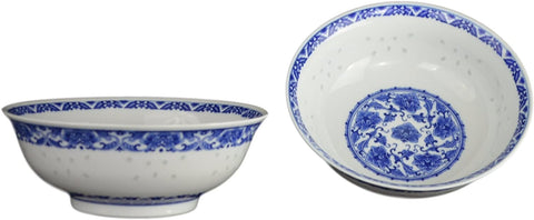 8.4 Inch Large Noodle/Salad/Dessert Ceramic Bowl, Blue and White Porcelain, One Pair