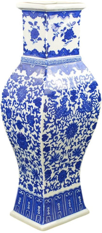 16" Classic Blue and White Porcelain Lotus Flat Square Jar Vase, China Qing Style, Jingdezhen (D16)