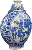 19“ Blue and White Porcelain Figure Round Flat Jar Vase (D15)