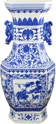 21" Classic Blue and White Hexagonal Porcelain Vase, Figure Dragon Ears Ceramic China Qing Style （D3）