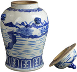 19" Antique Like Finish Retro Blue and White Porcelain Landscape Temple Ceramic Ginger Jar Vase, China Ming Style, Jingdezhen (L19)