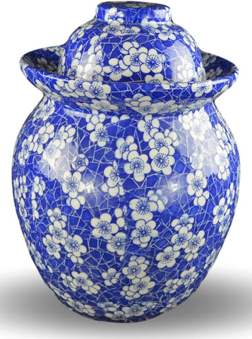 Blue and White Porcelain Pickling Jar with 2 Lids Fermenting Pickling Kimchi Crock Jingdezhen Chinese Blue Cherry Blossom (14.5 IN)