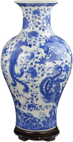 Classic Blue and White Dragon Phoenix Porcelain Vase, Fishtail Ceramic Vase China Ming Style 19"