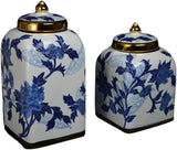 Classic Porcelain Blue Floral Square Jars Vases, Gilt Edge Vase , Jingdezhen (J16)