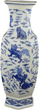 25" Classic Blue and White Hexagonal Porcelain Vase, Lion Dance, Ceramic China Qing Style （D10）