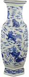 25" Classic Blue and White Hexagonal Porcelain Vase, Lion Dance, Ceramic China Qing Style （D10）