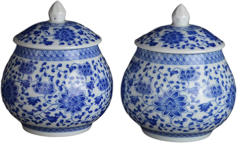 One Pair of Blue and White Floral Porcelain Ceramic Vases, Tea Sugar Jar Container Storage