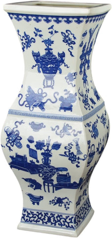 20" Classic Blue and White Porcelain Square Jar Vase, China Qing Style, Jingdezhen (D21)