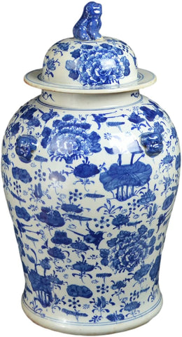 19" Antique Like Finish Retro Blue and White Porcelain Lotus and Flowers Temple Ceramic Ginger Jar Vase, China Ming Style, Jingdezhen (L5)
