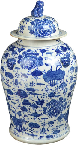 19" Antique Like Finish Retro Blue and White Porcelain Lotus and Flowers Temple Ceramic Ginger Jar Vase, China Ming Style, Jingdezhen (L5)