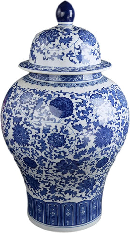 24" Classic Blue and White Floral Porcelain Ceramic Temple Ginger Jar Vase, Large China Qing Style