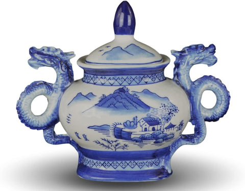 Classic Blue and White Scenery Ceramic Porcelain Jar Vase, Sugar Canister, Sugar Container, Tea Container, Double Dragon Handles China Ming Style, Hand-crafted Jingdezhen
