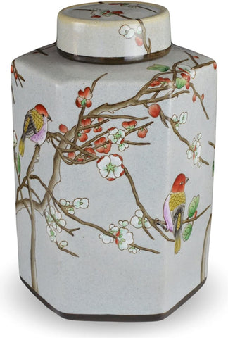 Classic Famille Rose Porcelain Vase, Birds and Cherry Blossom，Hand-Painted Hexagonal Jar
