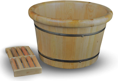 16" Solid Cedar Wood Foot Basin Tub Bucket for Foot Bath, Soak, Massage, Spa, Sauna, Soak, with Free 5-roll Wooden Massage Roller