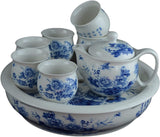 8 Pcs Premium Blue and White Porcelain Tea Set Fine Tea Pot Tea Cups Tea Tray Traditional Butterfly and Flowers