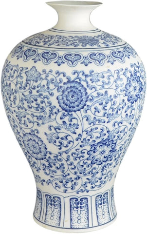 Blue and White Unglazed Floral Porcelain Ceramic Vases, Prunus (Plum), 11.5"