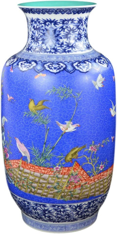 Classic Famille Rose Porcelain Vase, Etched-Flower Background, Birds and Flowers，Jingdezhen