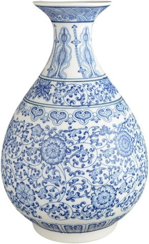 Blue and White Unglazed Pear-Shaped Porcelain Ceramic Vases, 12"