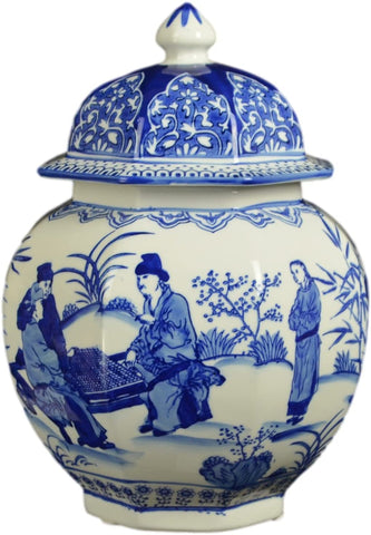 Blue and White Porcelain Ceramic Covered Floral Jar Vase Food Container Storage, Antient Chinese Men (J24)
