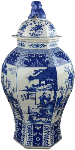 24" Classic Blue and White Porcelain Figure Temple Ginger Jar Vase, China Qing Style, Jingdezhen (D23)
