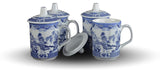 4 10-ounce Tea Cups Coffee Mug (With Lid) Scenery Blue and White Porcelain Jingdezhen