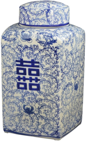 Festcool 12.5" Classic Blue and White Porcelain Floral Square Jar Vase, China Ming Style, Jingdezhen, Double Happiness